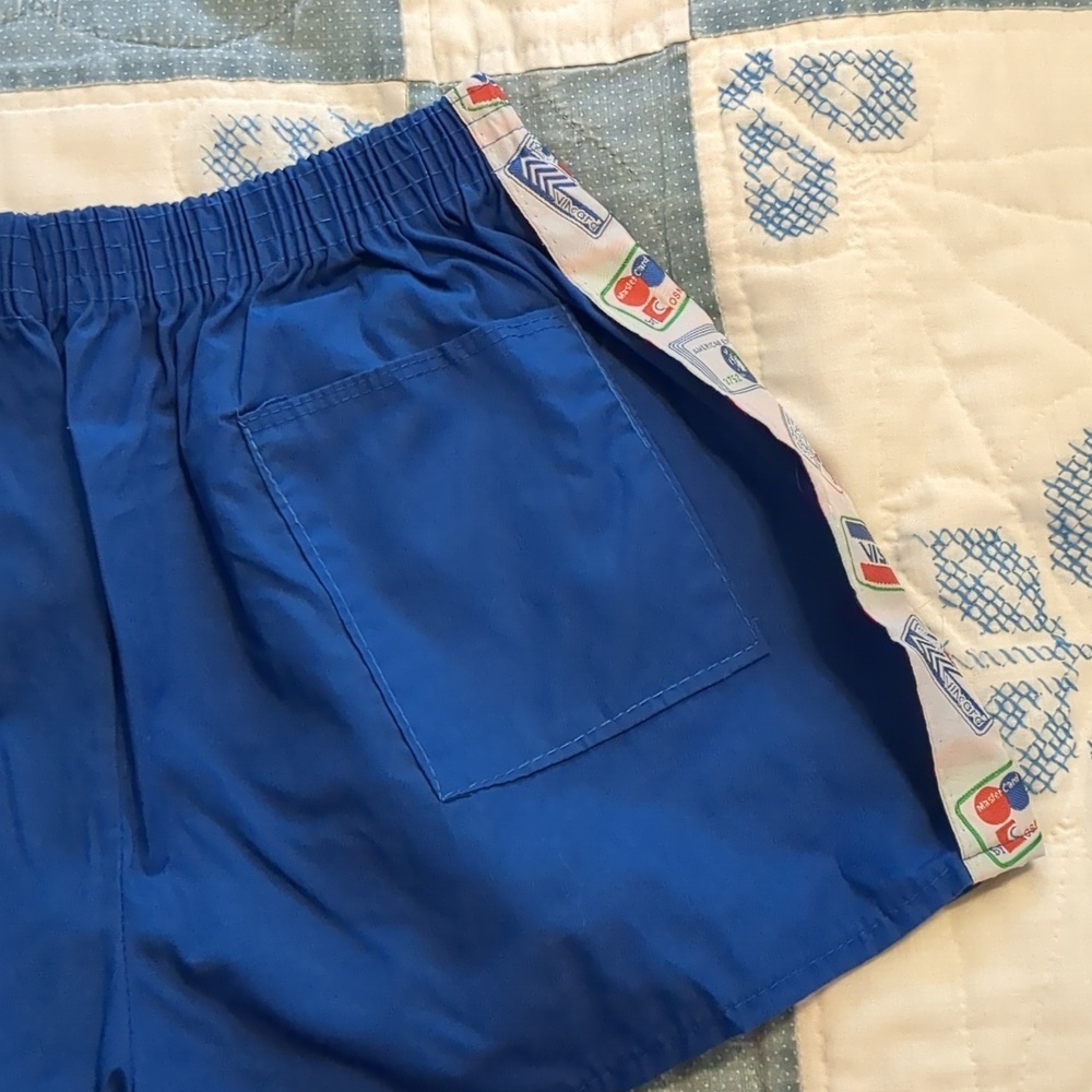 70s Italian Kitschy Blue Running Shorts Credit Card Graphics XSmall - Picture 3 of 5